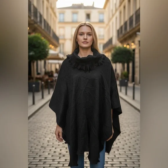 NWT Pokoloko Cowl Neck Poncho Shawl Black "Ink Tartan" One Size - Picture 2 of 14